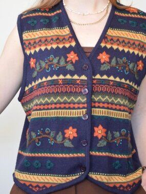 Alia Navy Knit Vest with Orange & Green Floral Embroidery